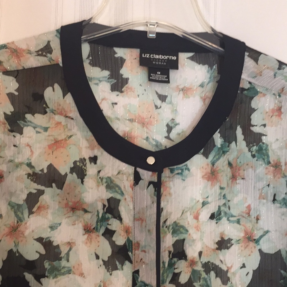 LIZ Claiborne 1X Sheer Blouse Floral PIT TO PIT 26"  corals, greens, Preworn - Picture 3 of 15